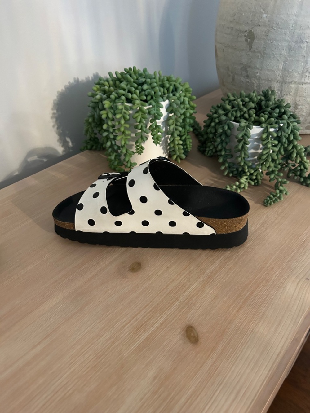 Papillio Black and White Polka Dot Double-Buckle Slide Sandals - Picture 6 of 7